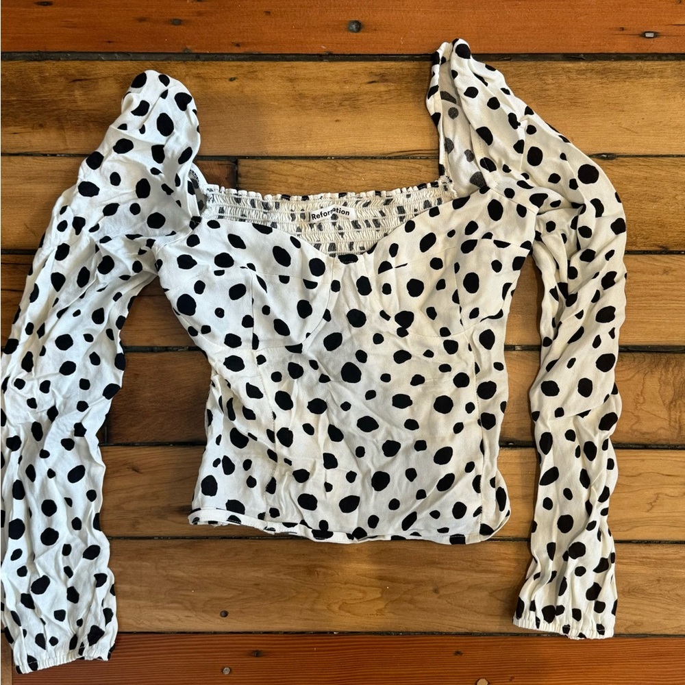 NWOT Reformation Size 2 Reign Puff Sleeve Top Ink Blot Dalmatian Print